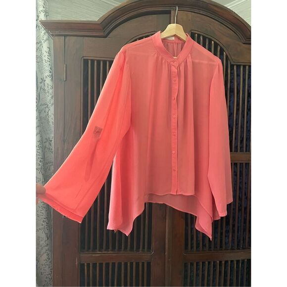 HINGE 100% silk Size M Coral Button Down Long Sleeve Blouse - Picture 1 of 8